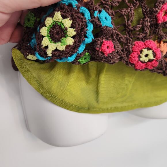 Y2K Cartise Brown Chartreuse Boho Hippie Crochet Floral Vtg Women's Tank Top M - Picture 5 of 7